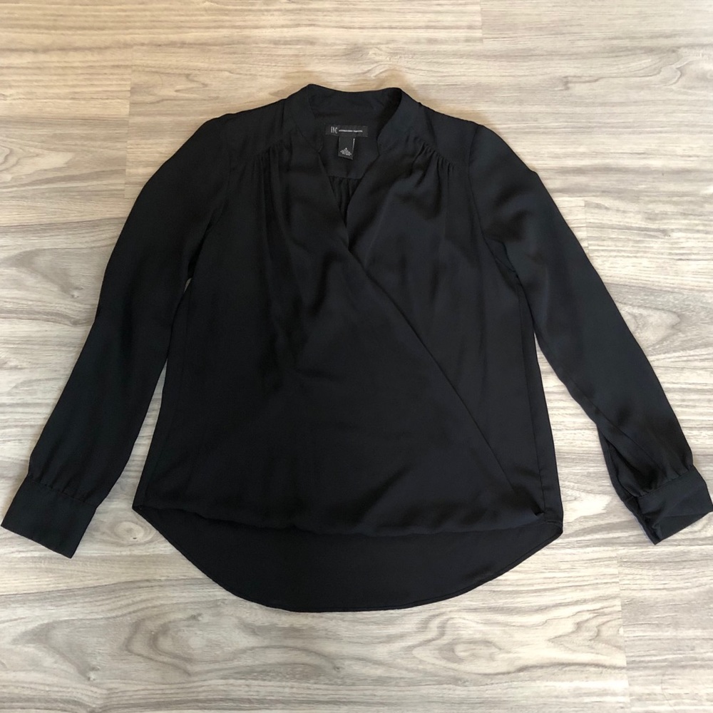 INC Long Sleeve Black Faux Wrap Blouse, Size 4
